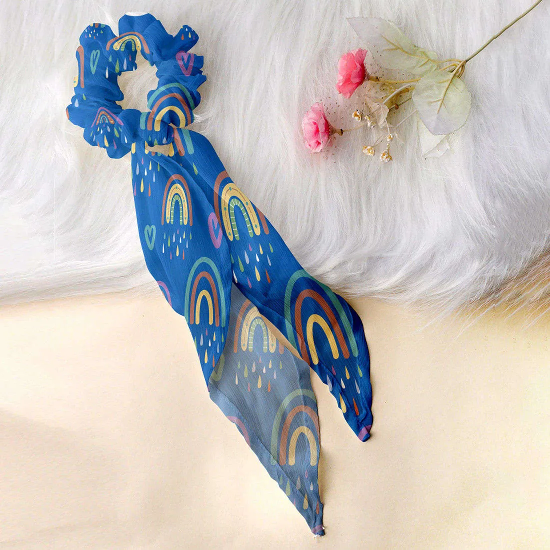 Ferosh Ink Blue Rainbow Printed Scarf Scrunchie
