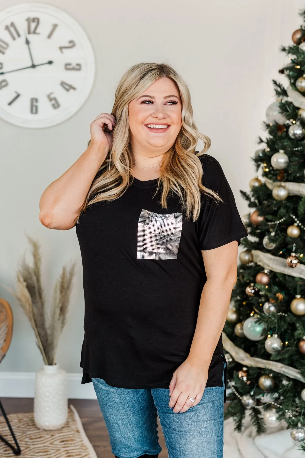 Following My Dreams Glam Pocket Top- Black & Silver