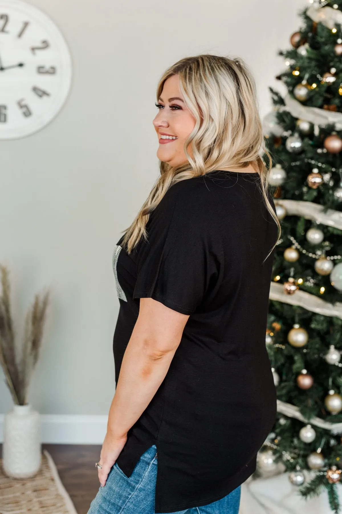 Following My Dreams Glam Pocket Top- Black & Silver