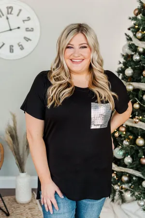 Following My Dreams Glam Pocket Top- Black & Silver