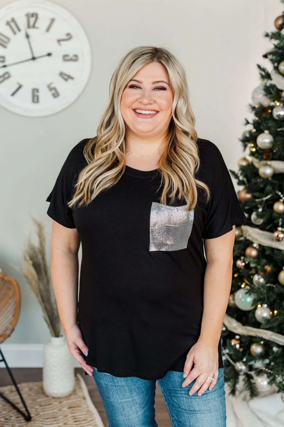 Following My Dreams Glam Pocket Top- Black & Silver