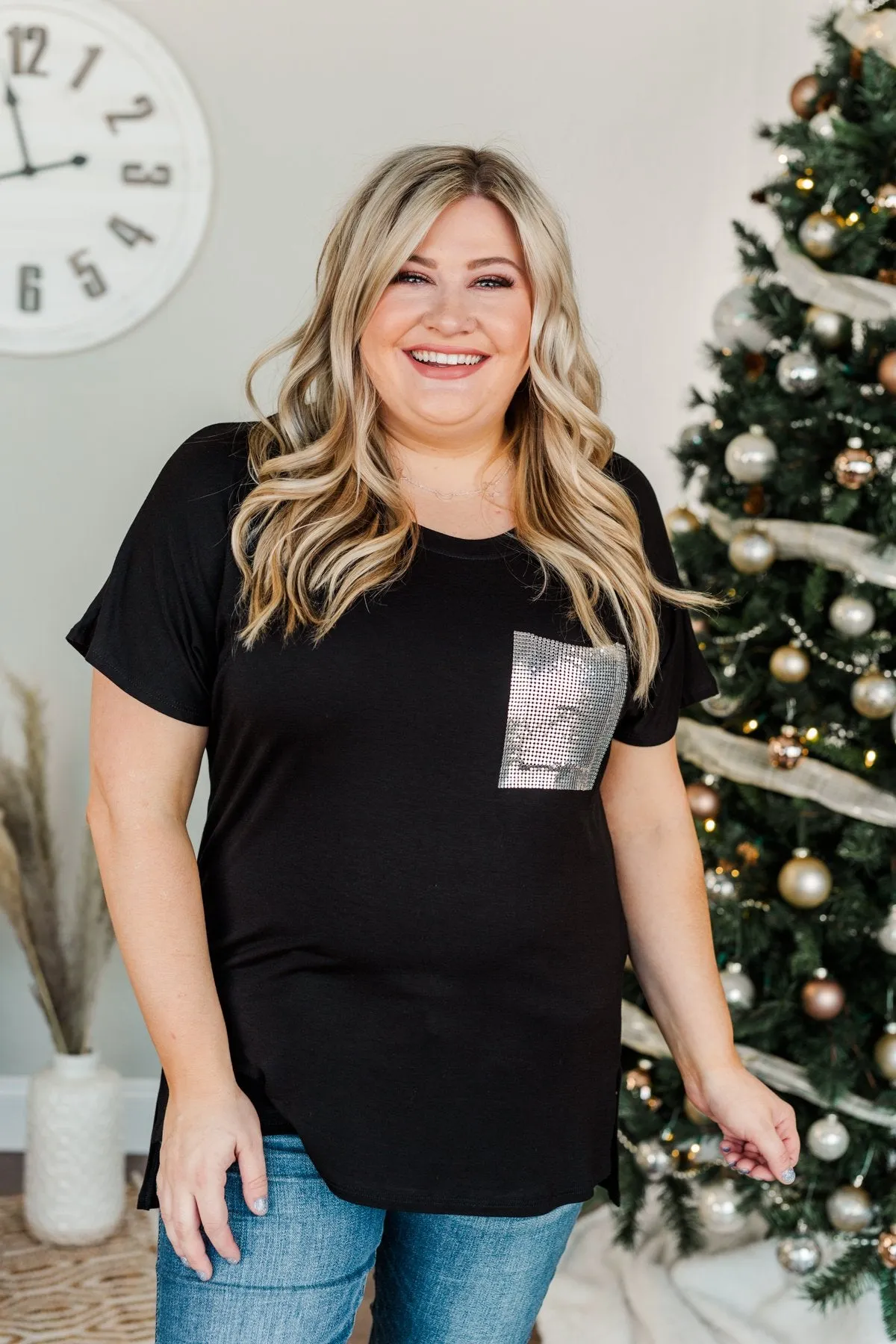 Following My Dreams Glam Pocket Top- Black & Silver