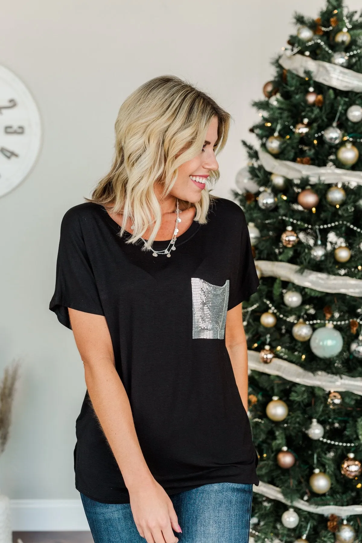 Following My Dreams Glam Pocket Top- Black & Silver