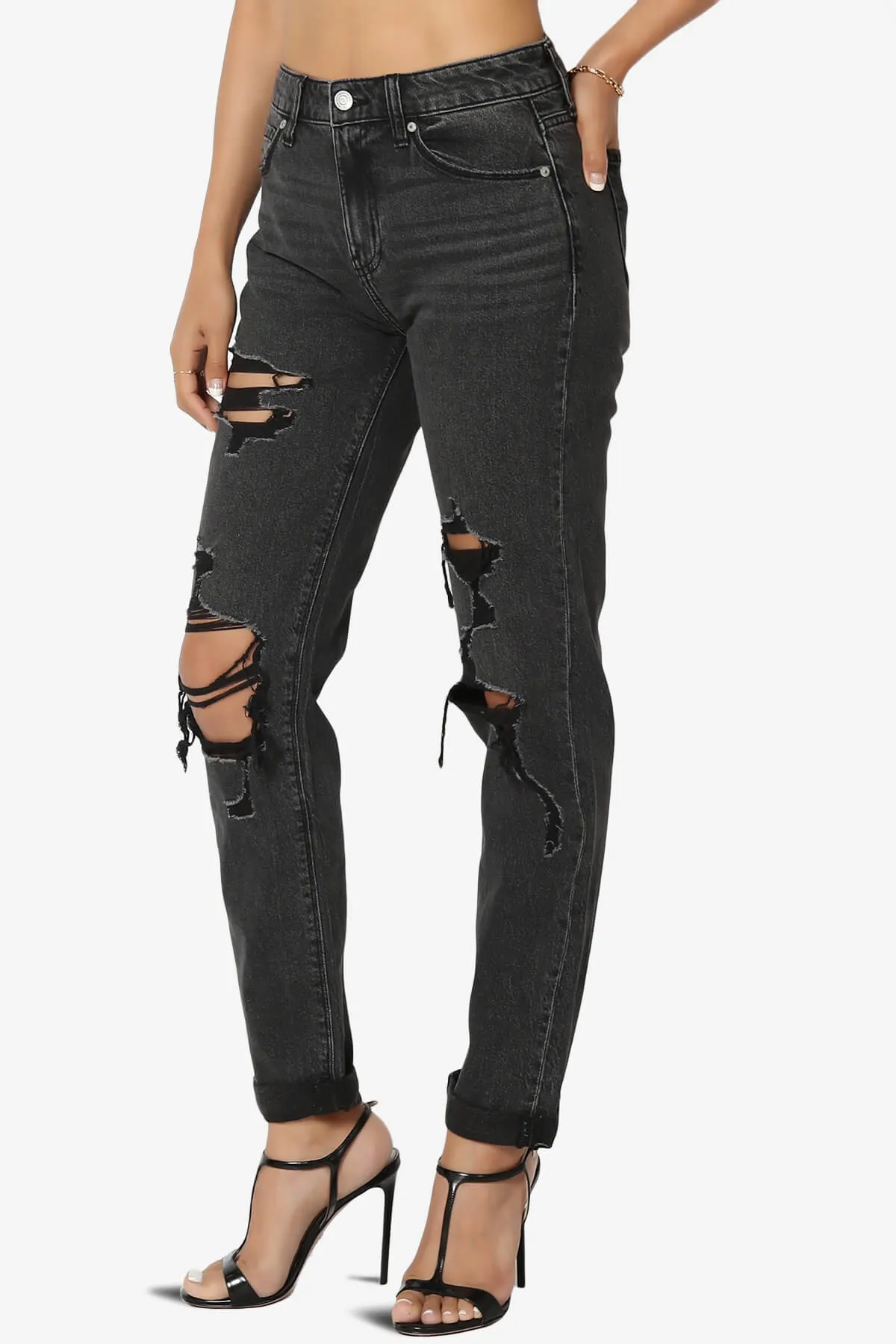 Frankie Distressed Mid Rise Girlfriend Jeans