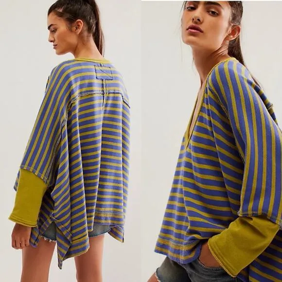 Free people Main Squeeze Sweatshirt oversized stripe purple green boho top Sz M