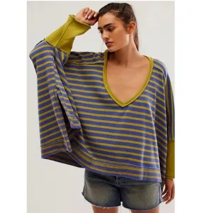 Free people Main Squeeze Sweatshirt oversized stripe purple green boho top Sz M
