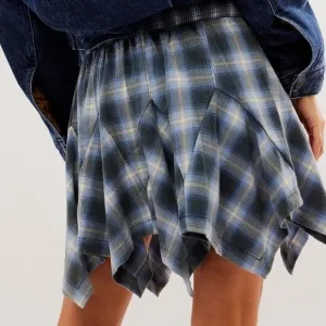 Free people Xia Plaid Asymmetrical Skirt Navy Combo Large NWT in packaging