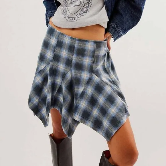 Free people Xia Plaid Asymmetrical Skirt Navy Combo Large NWT in packaging