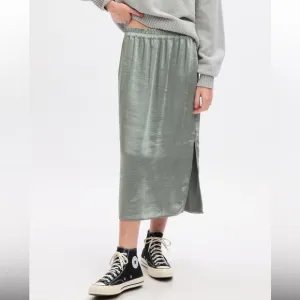 GAP Satin Midi Skirt Sage Green Size Small Side Slit Elastic Waist NWT
