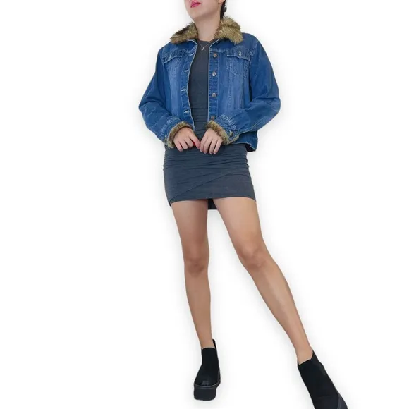 GNW Faux Fur Trim Denim Jacket Size L