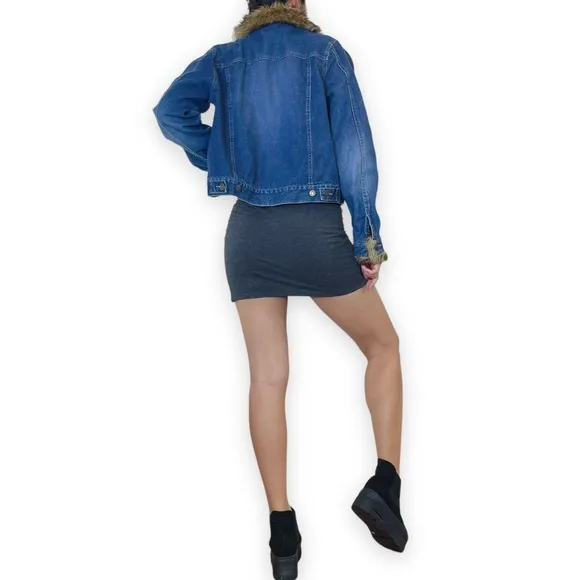 GNW Faux Fur Trim Denim Jacket Size L