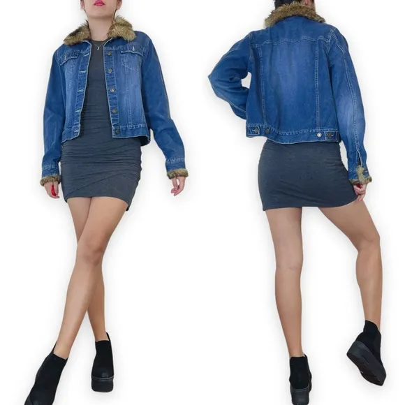 GNW Faux Fur Trim Denim Jacket Size L
