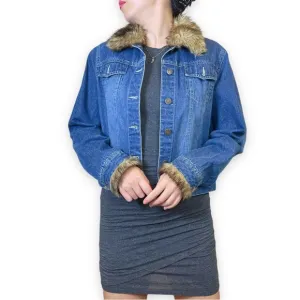 GNW Faux Fur Trim Denim Jacket Size L