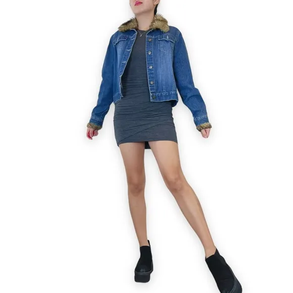GNW Faux Fur Trim Denim Jacket Size L