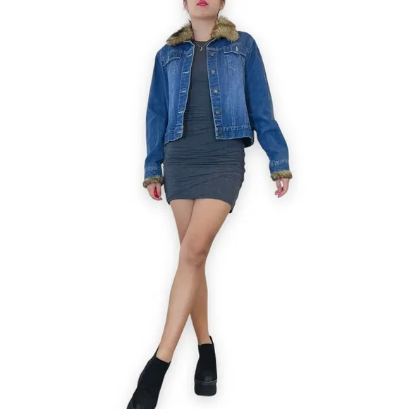 GNW Faux Fur Trim Denim Jacket Size L