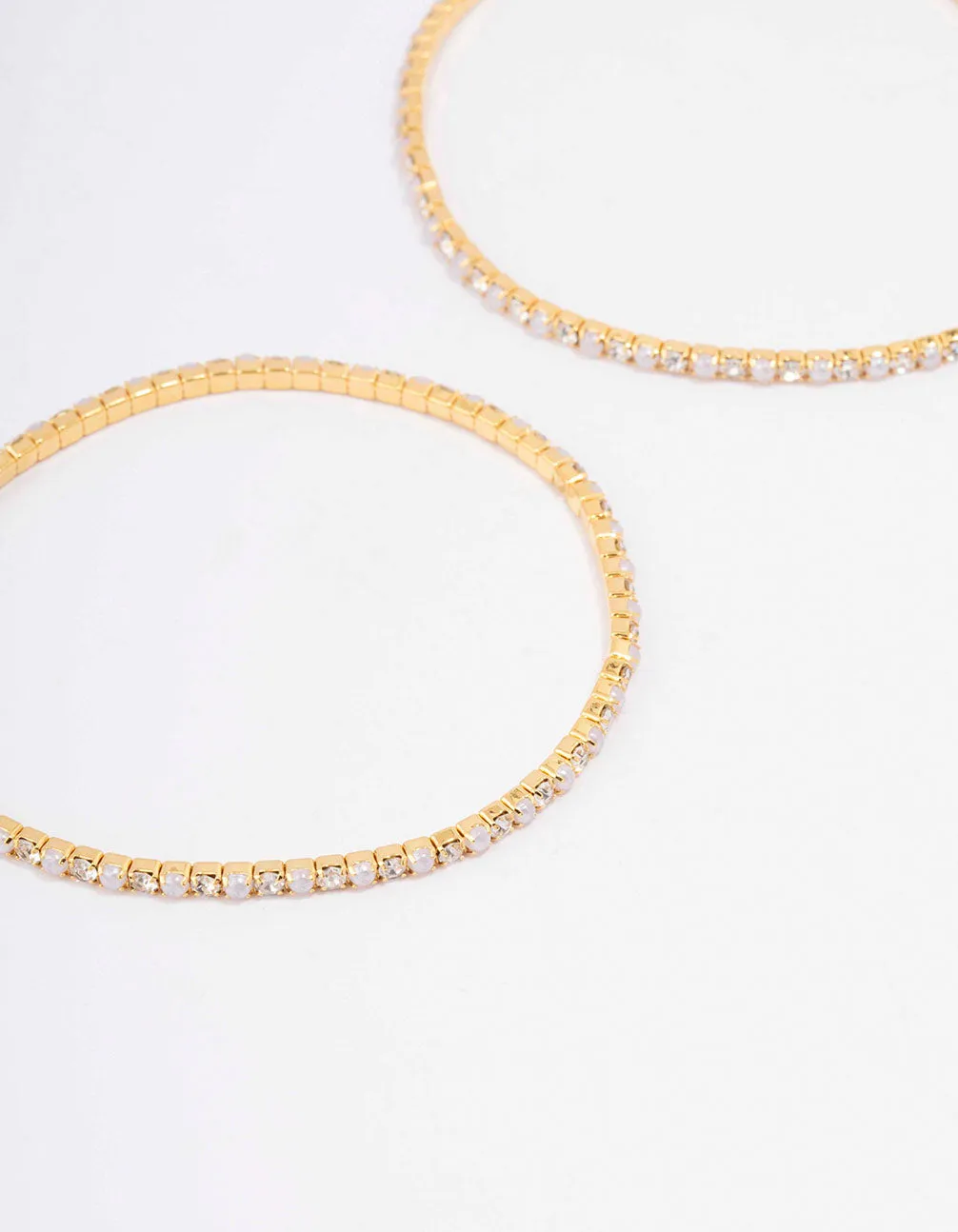 Gold Plated Alternating Mini Cubic Zirconia Pearl Stretch Bangle