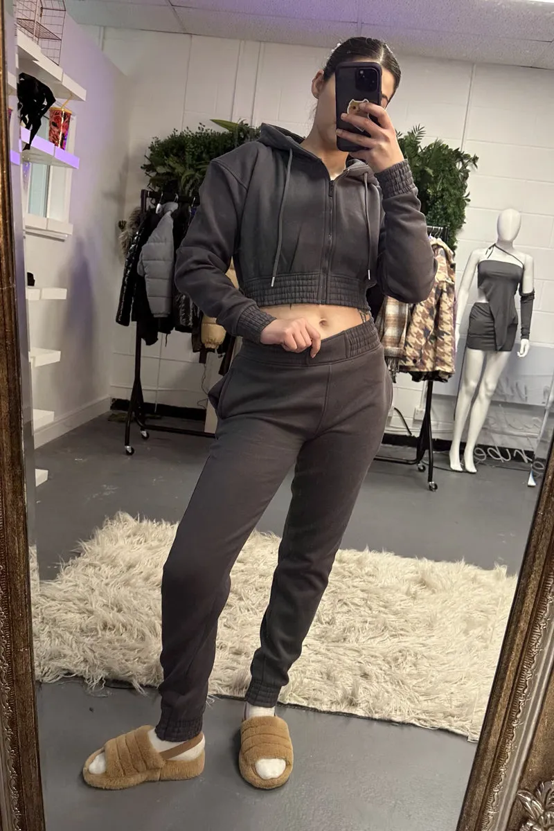 Grey Zip Front Elasticated Detail Loungewear Co-ord Set - Carmel
