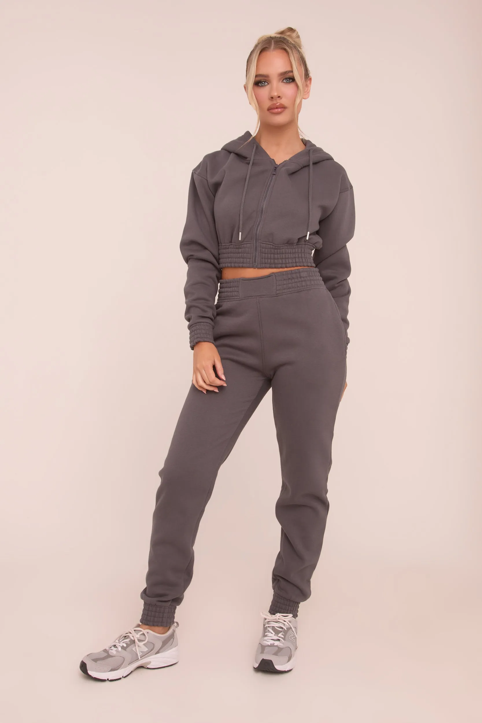 Grey Zip Front Elasticated Detail Loungewear Co-ord Set - Carmel