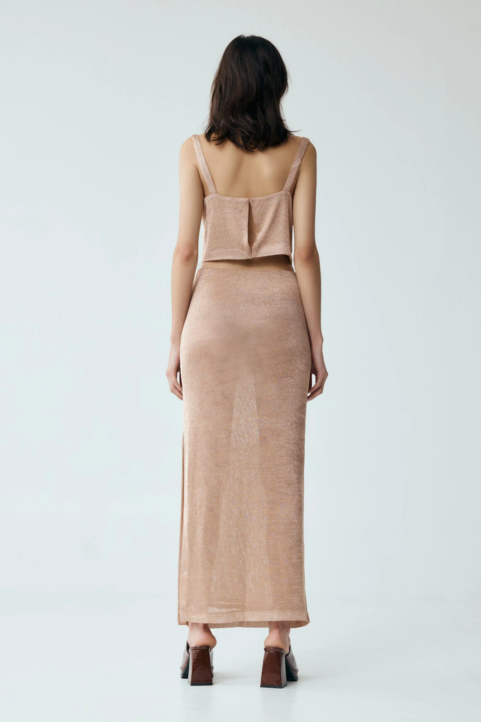 HEAVY METAL KNIT MAXI SKIRT | ROSE GOLD