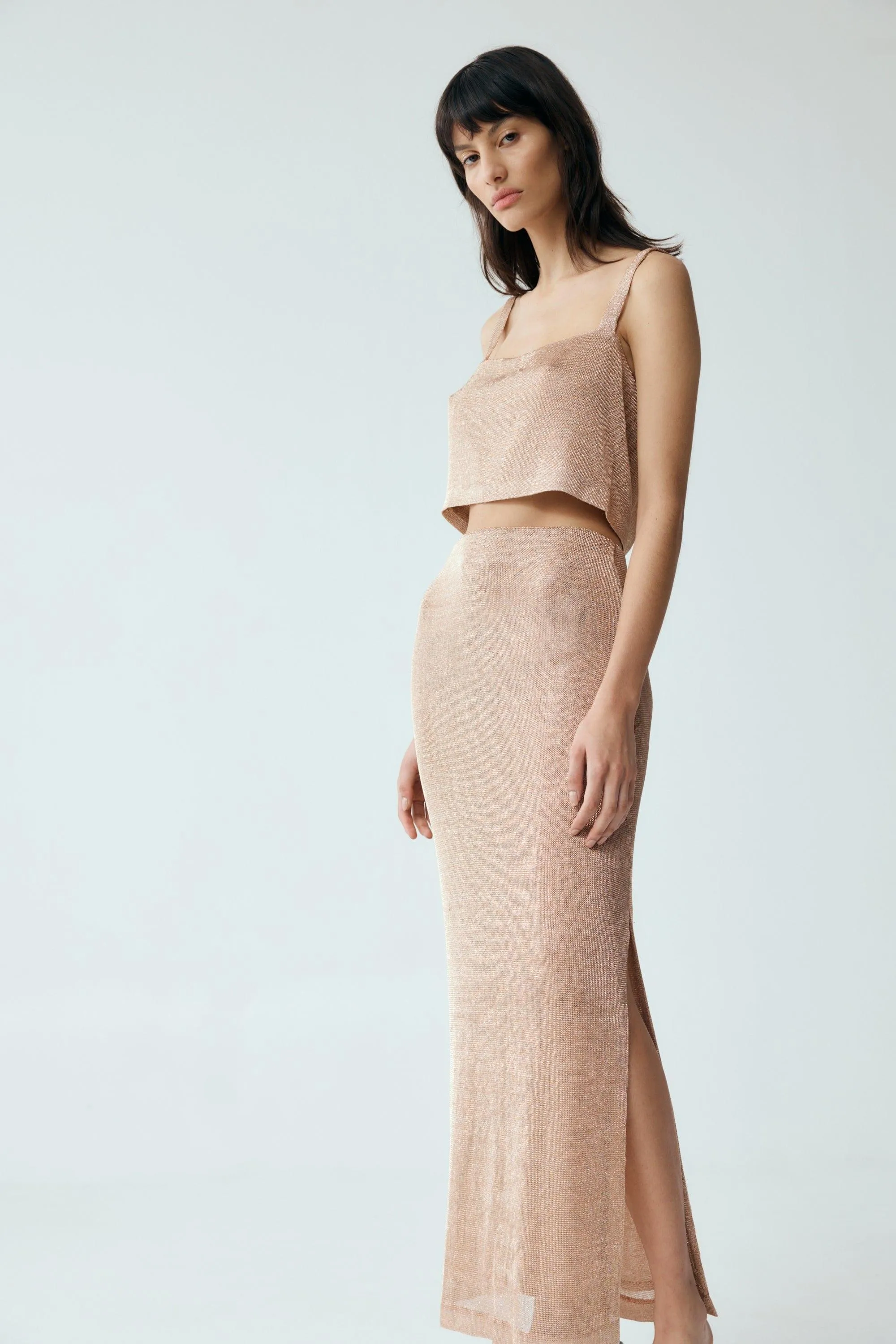 HEAVY METAL KNIT MAXI SKIRT | ROSE GOLD
