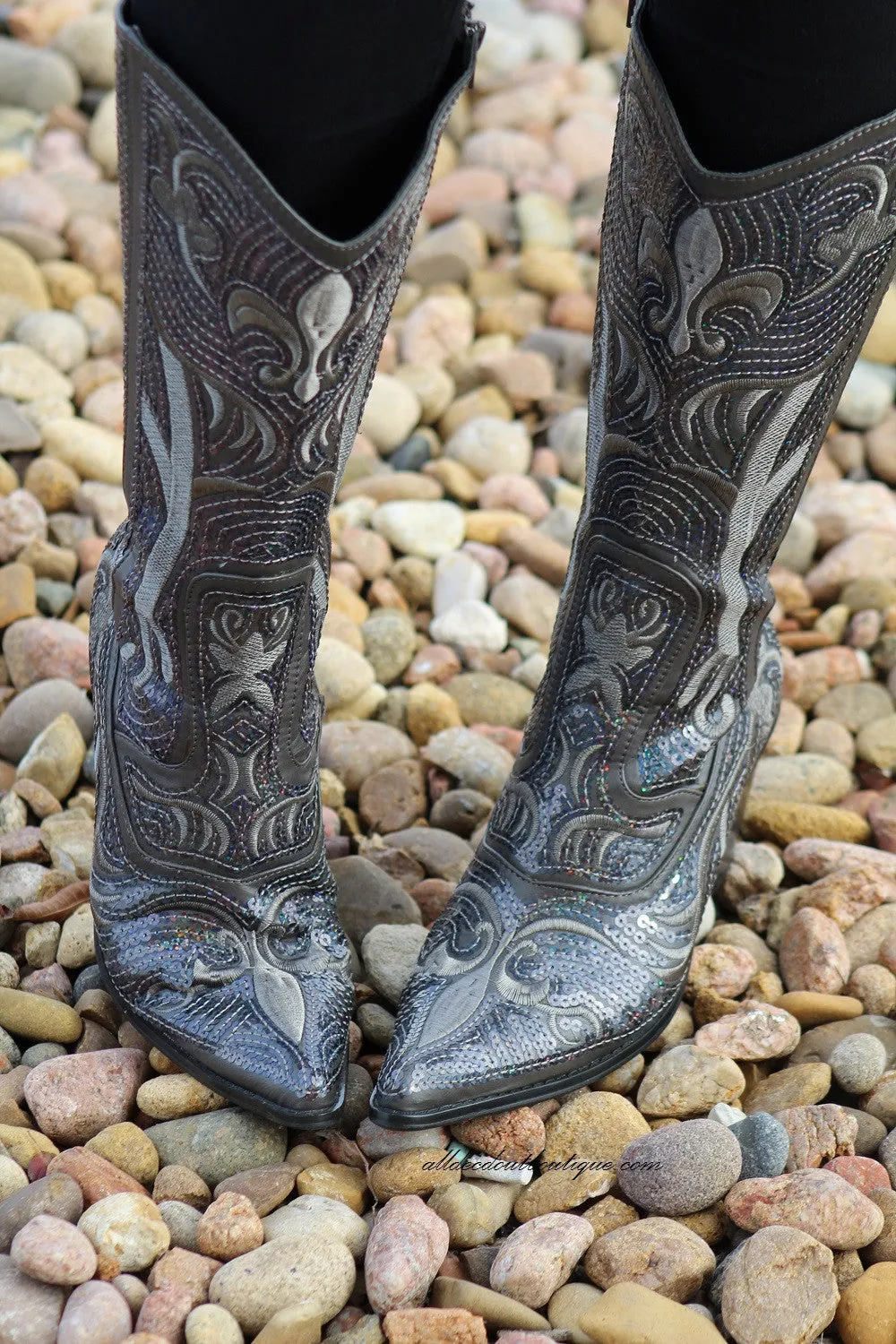 Helen's Heart | Full Embellished Sequin Charcoal Boot