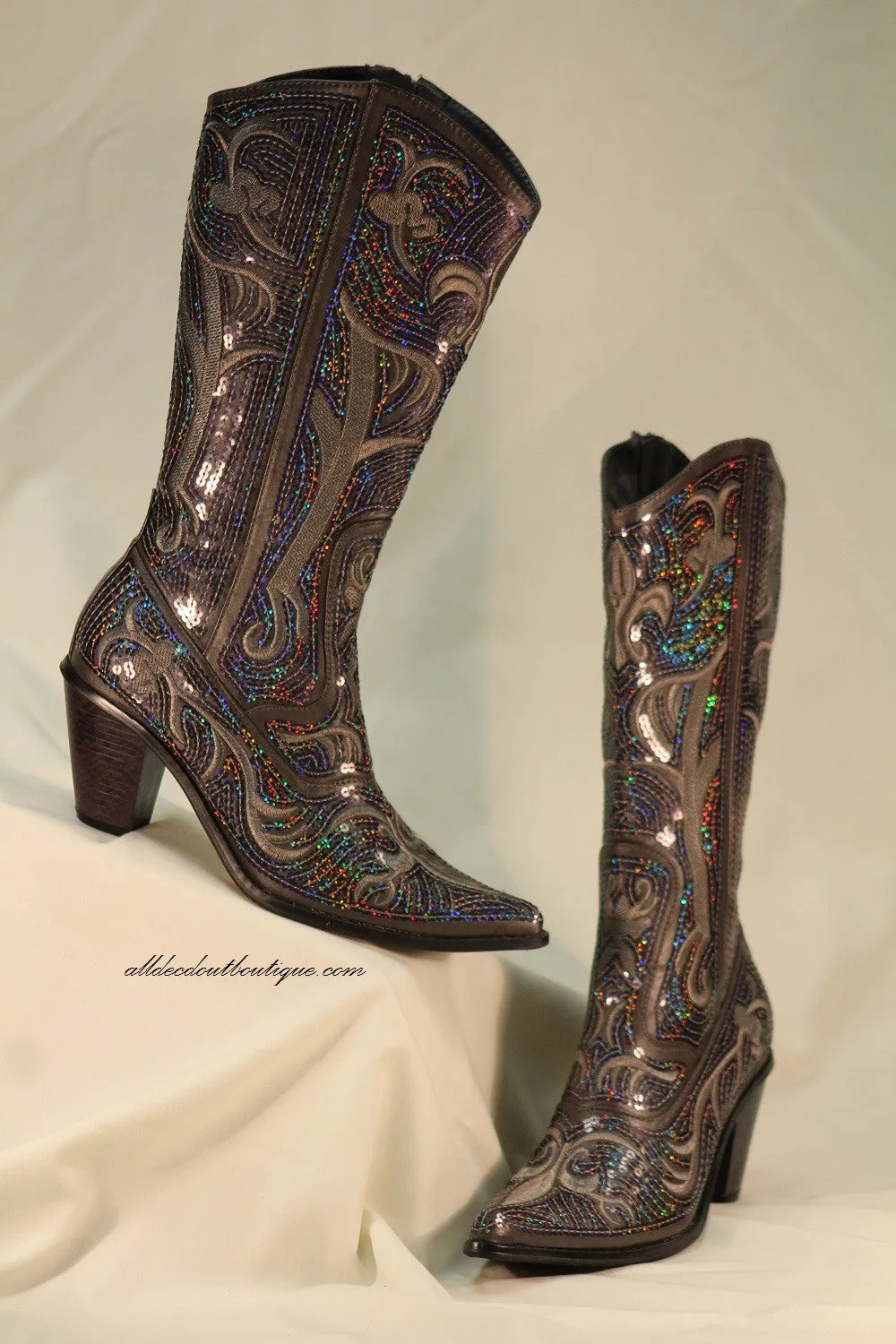 Helen's Heart | Full Embellished Sequin Charcoal Boot