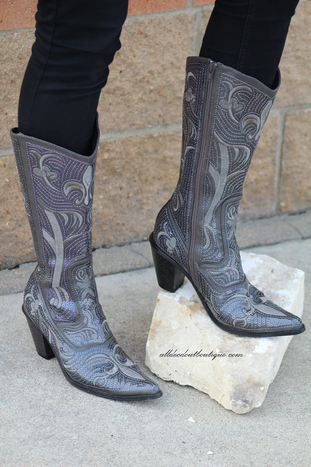 Helen's Heart | Full Embellished Sequin Charcoal Boot