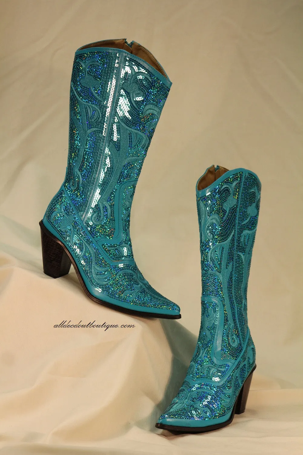 Helen's Heart | Full Embellished Sequin Turquoise Boot