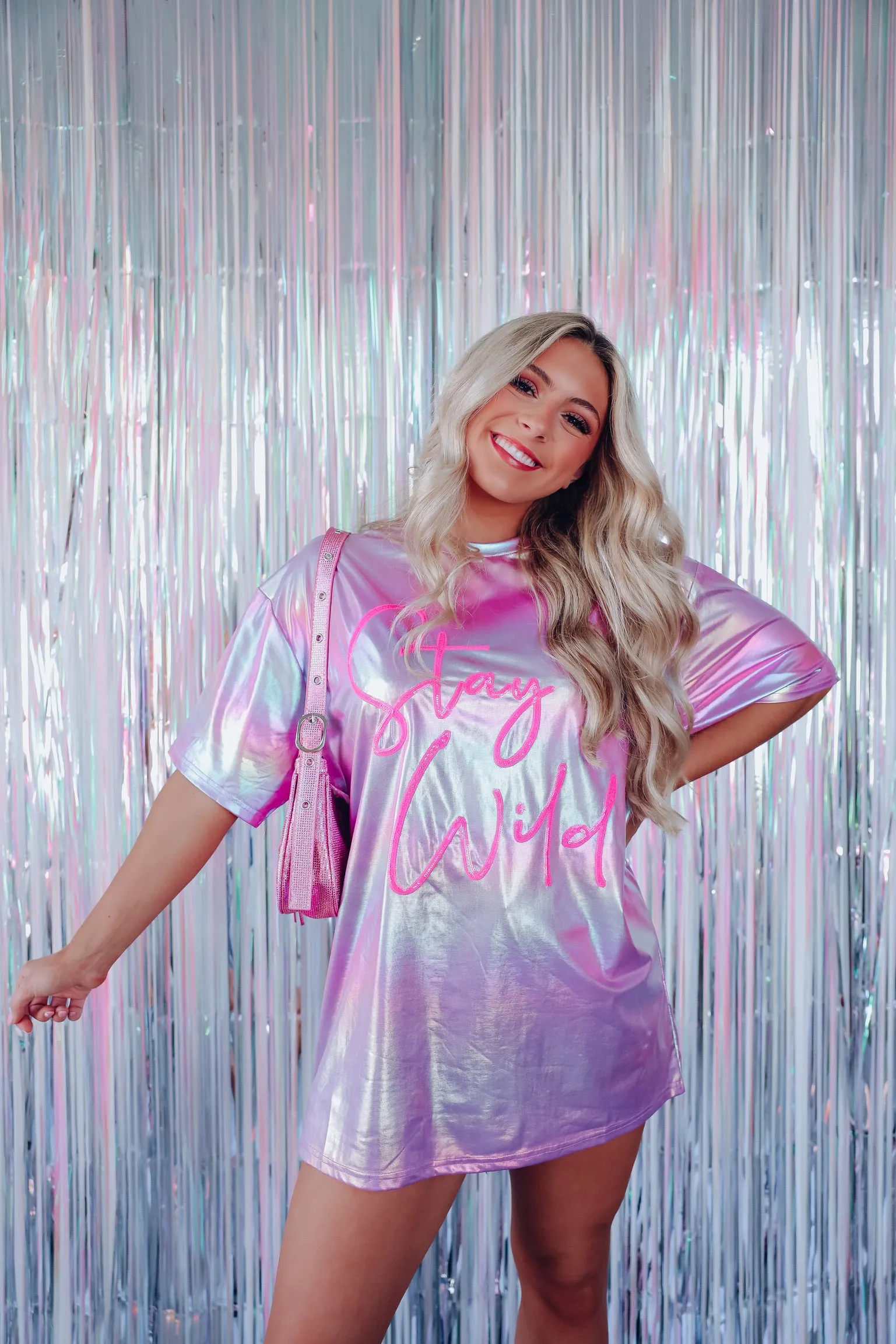 Iridescent "Stay Wild" Oversized Graphic Tee - Lavender