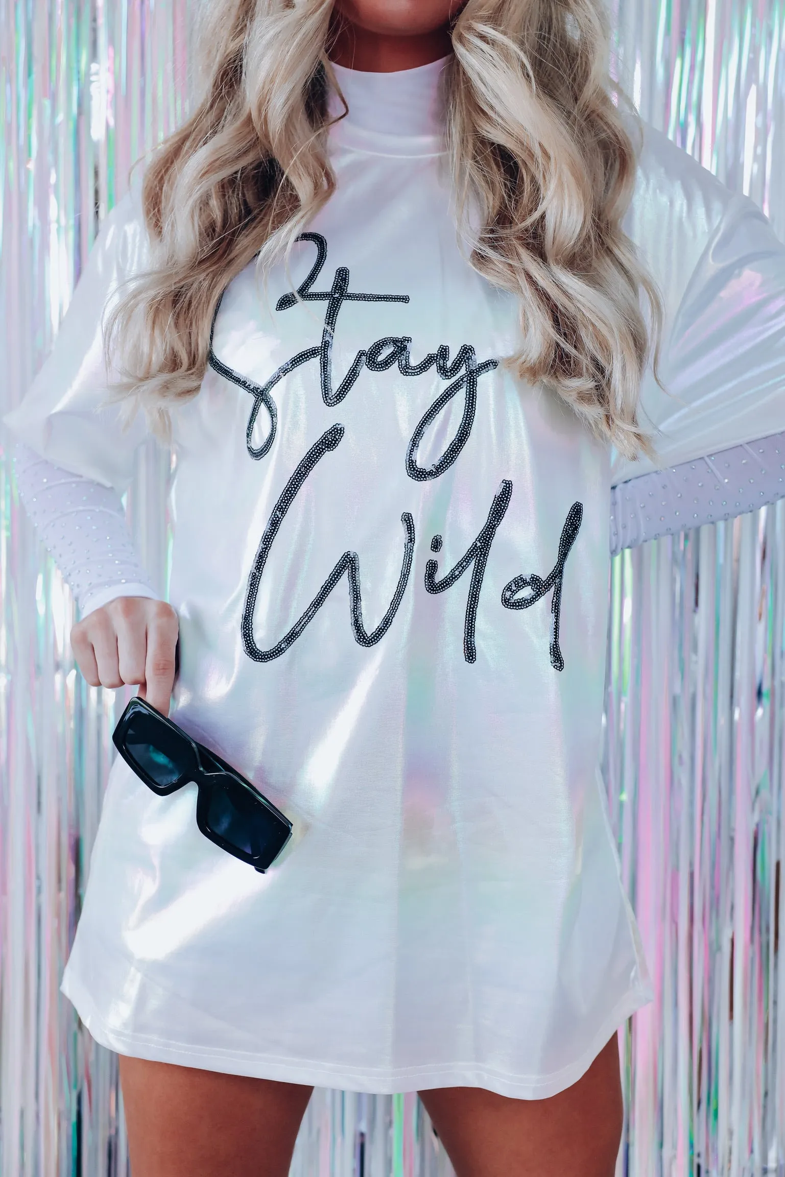Iridescent "Stay Wild" Oversized Graphic Tee - White