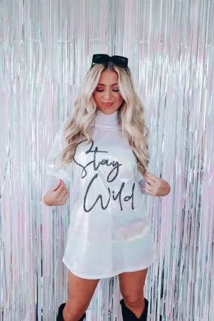 Iridescent "Stay Wild" Oversized Graphic Tee - White