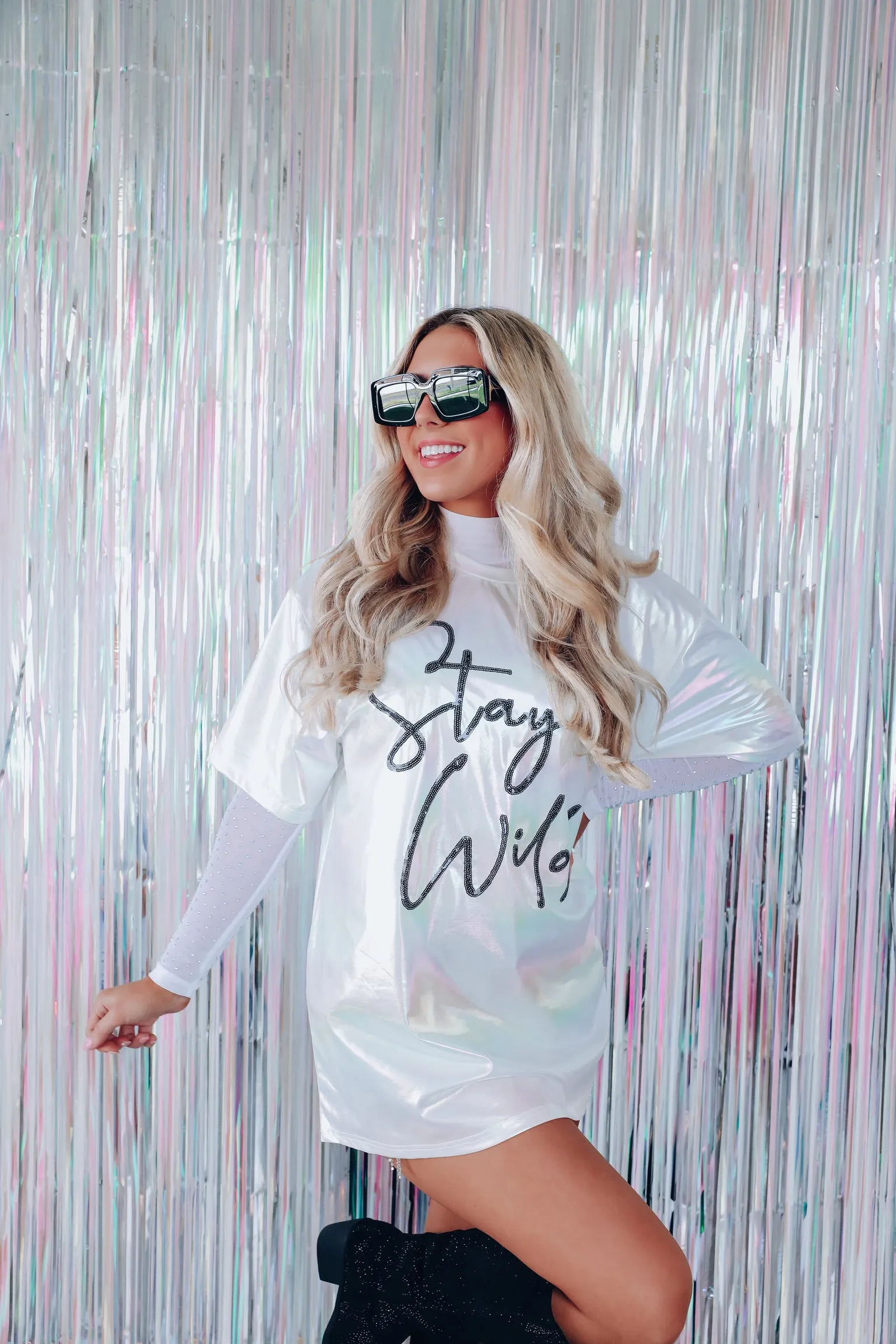 Iridescent "Stay Wild" Oversized Graphic Tee - White