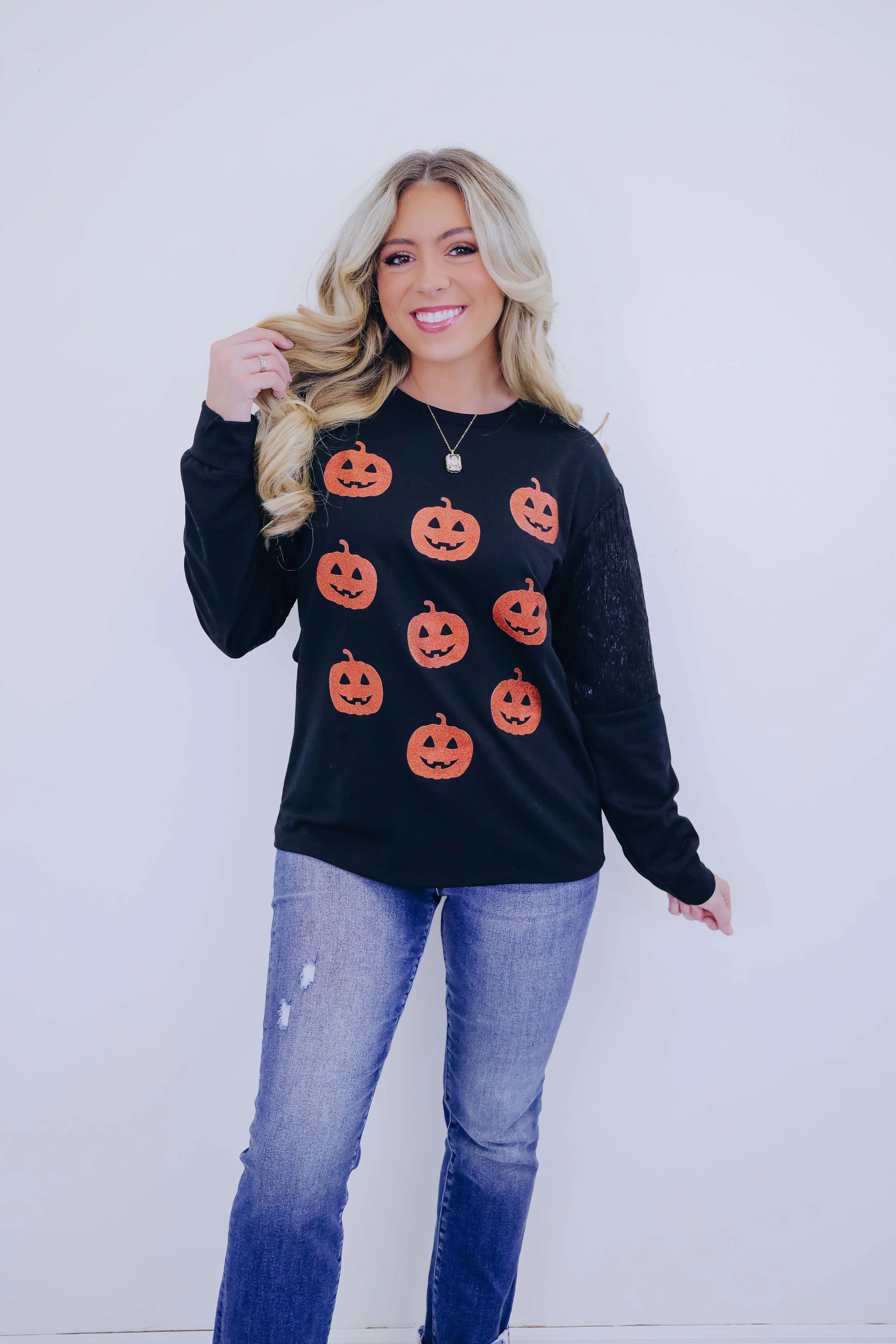 Jack -O-Lantern Glitter Graphic Top