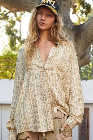Khaki Sand Multi Long sleeve button down printed woven POL shirt