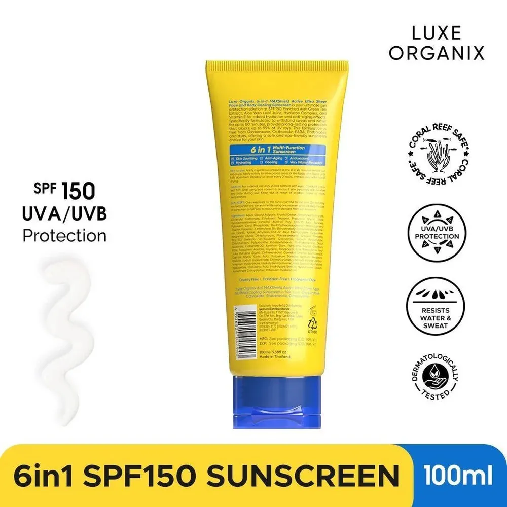 Luxe Organix 6 In 1 MAXShield Active Ultra Sheer Face and Body Cooling Sunscreen 100ml