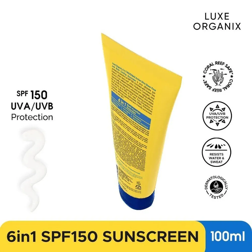 Luxe Organix 6 In 1 MAXShield Active Ultra Sheer Face and Body Cooling Sunscreen 100ml