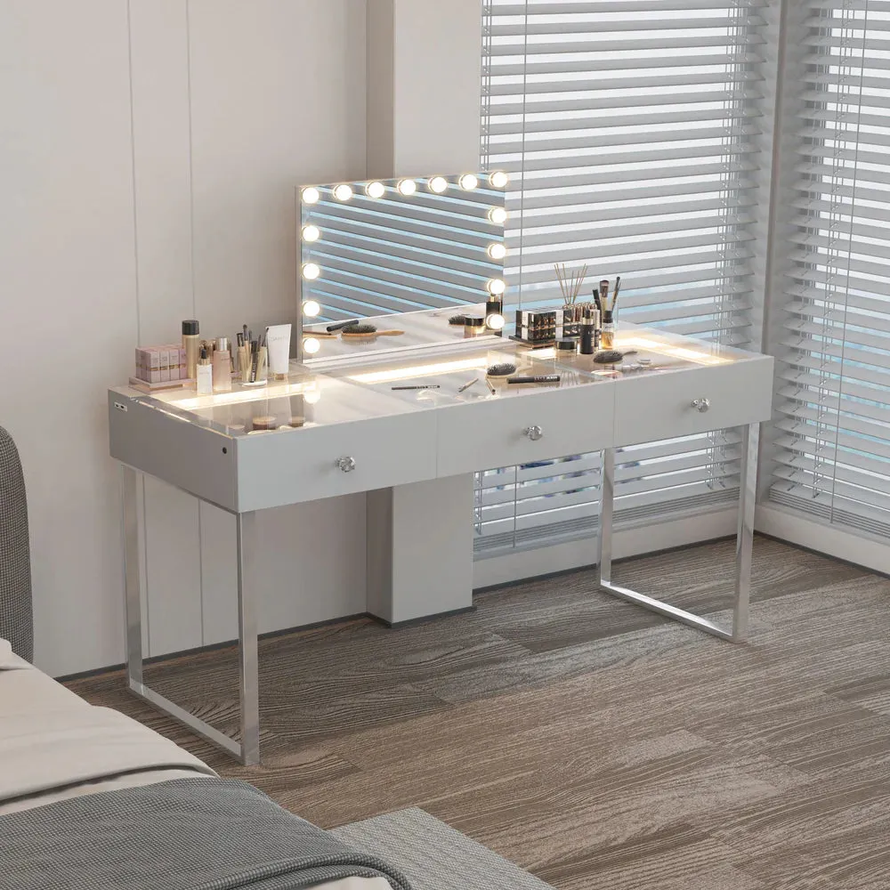 LUXE Vanity Desk Pro with Adjustable LED Light Strip and Glass Top - 3 Drawer
