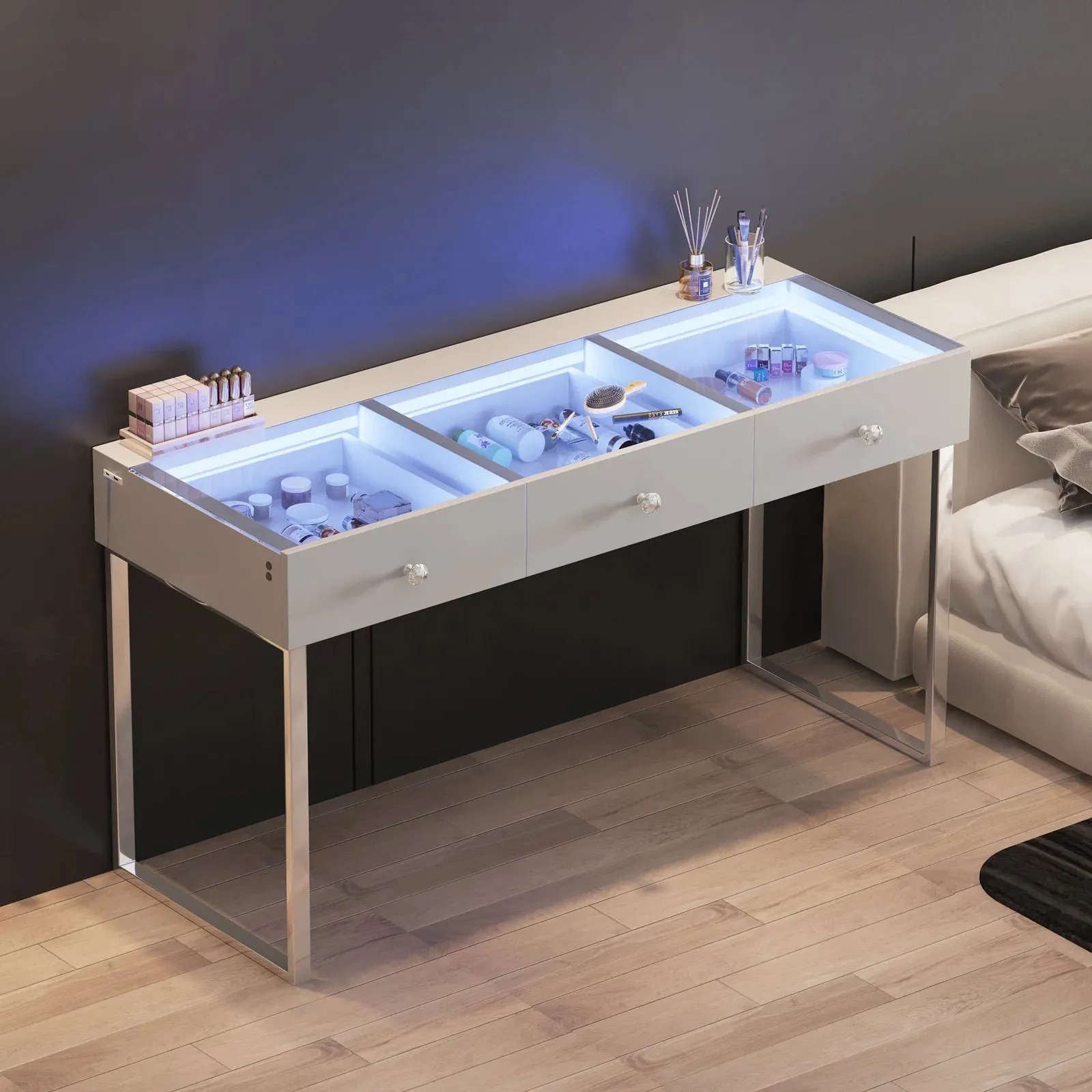 LUXE Vanity Desk Pro with Adjustable LED Light Strip and Glass Top - 3 Drawer