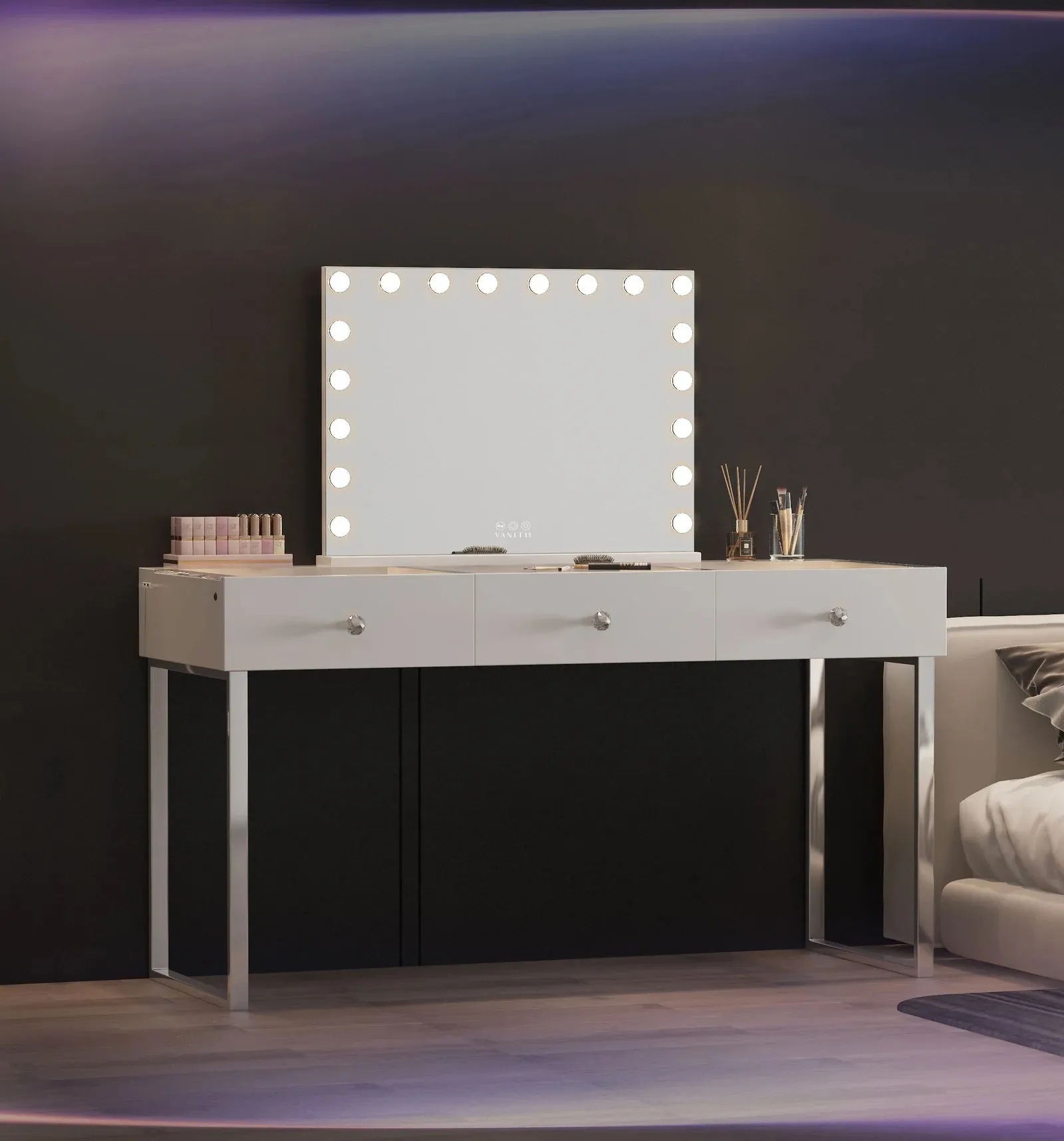 LUXE Vanity Desk Pro with Adjustable LED Light Strip and Glass Top - 3 Drawer