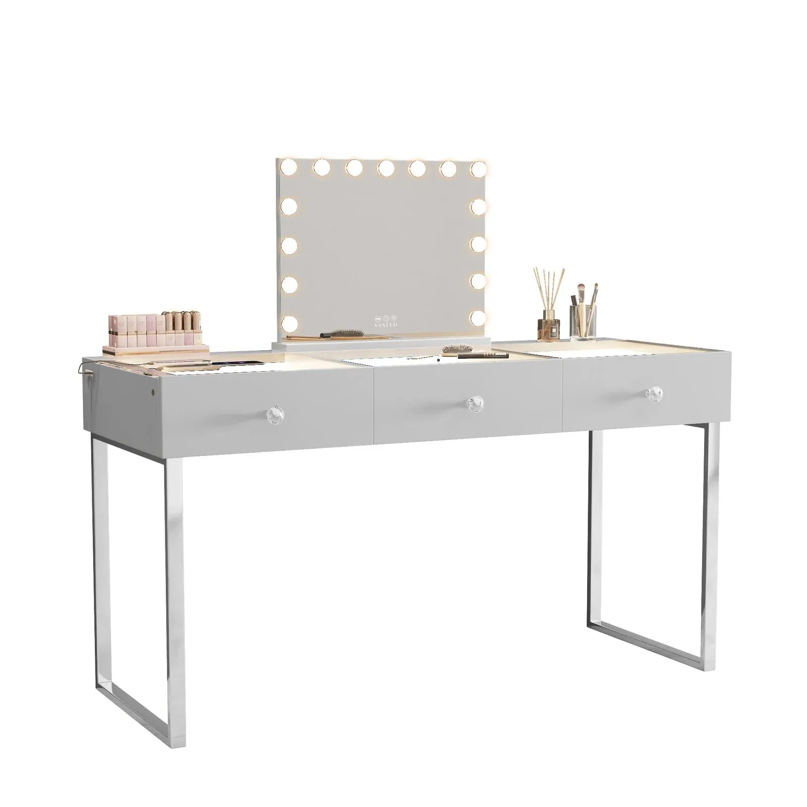 LUXE Vanity Desk Pro with Adjustable LED Light Strip and Glass Top - 3 Drawer