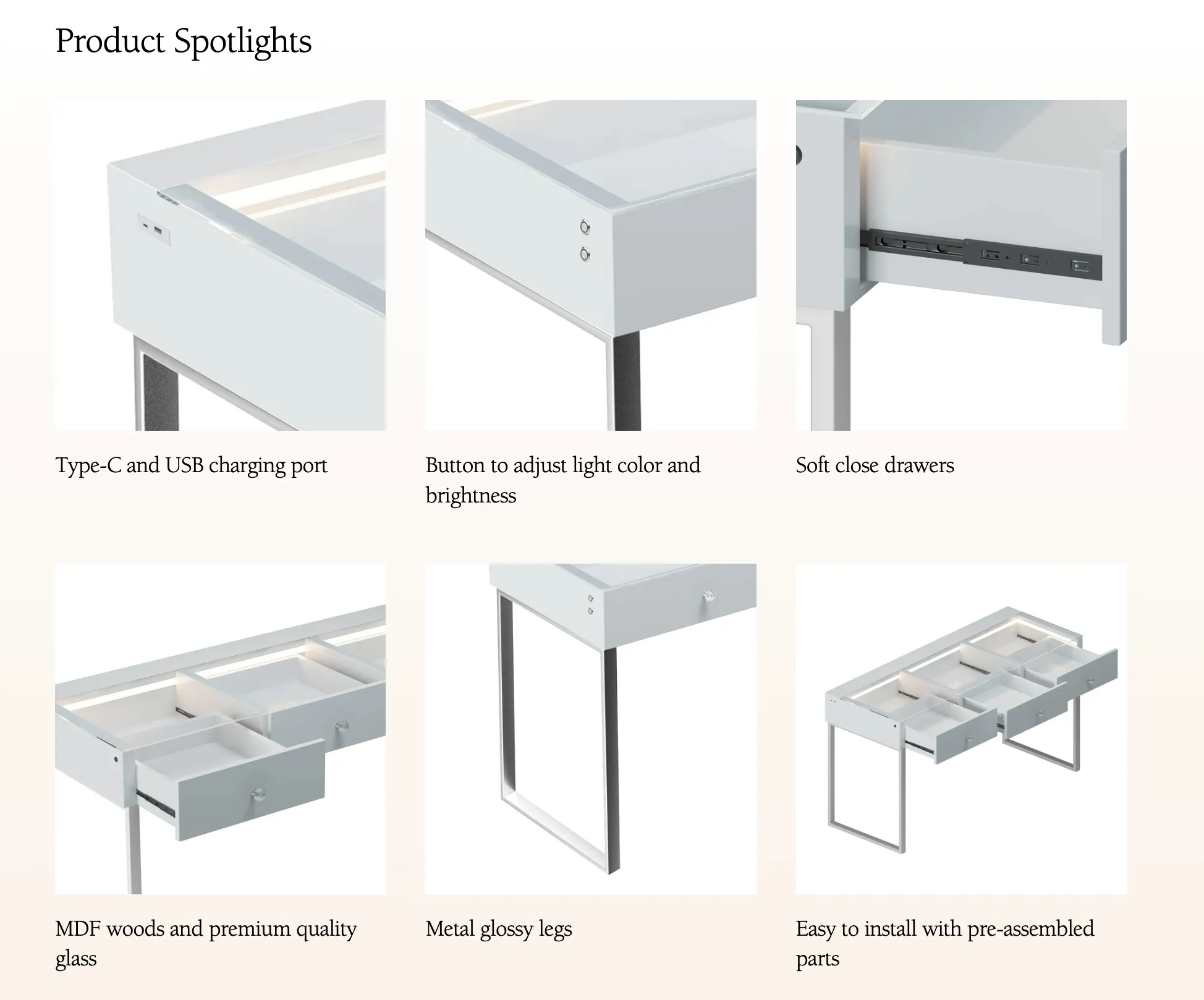 LUXE Vanity Desk Pro with Adjustable LED Light Strip and Glass Top - 3 Drawer
