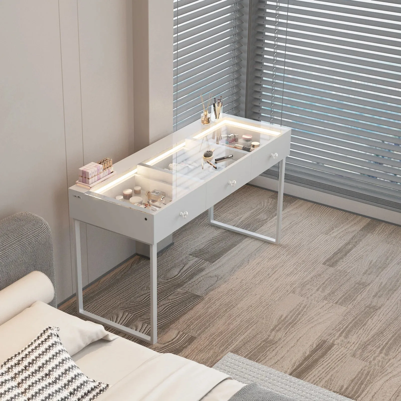 LUXE Vanity Desk Pro with Adjustable LED Light Strip and Glass Top - 3 Drawer