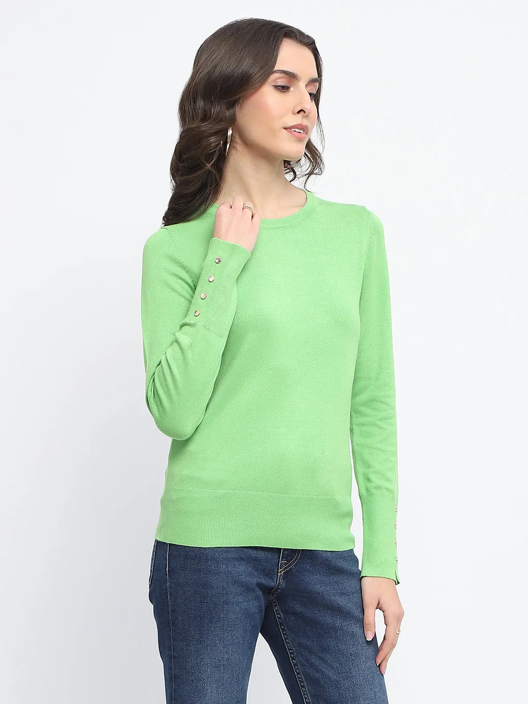 Madame Buttoned Cuffs Solid Green Sweater