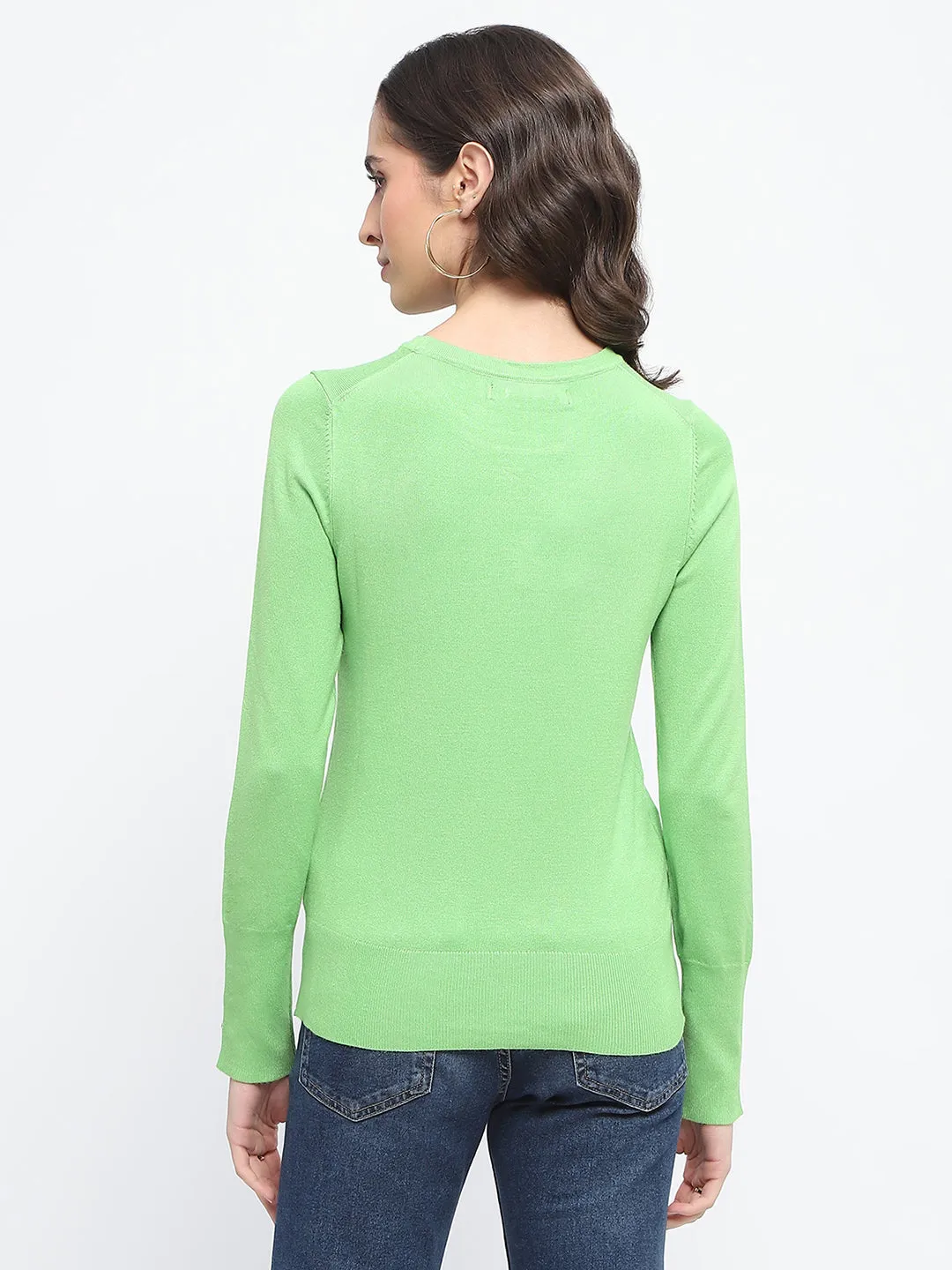 Madame Buttoned Cuffs Solid Green Sweater