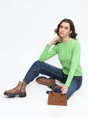 Madame Buttoned Cuffs Solid Green Sweater