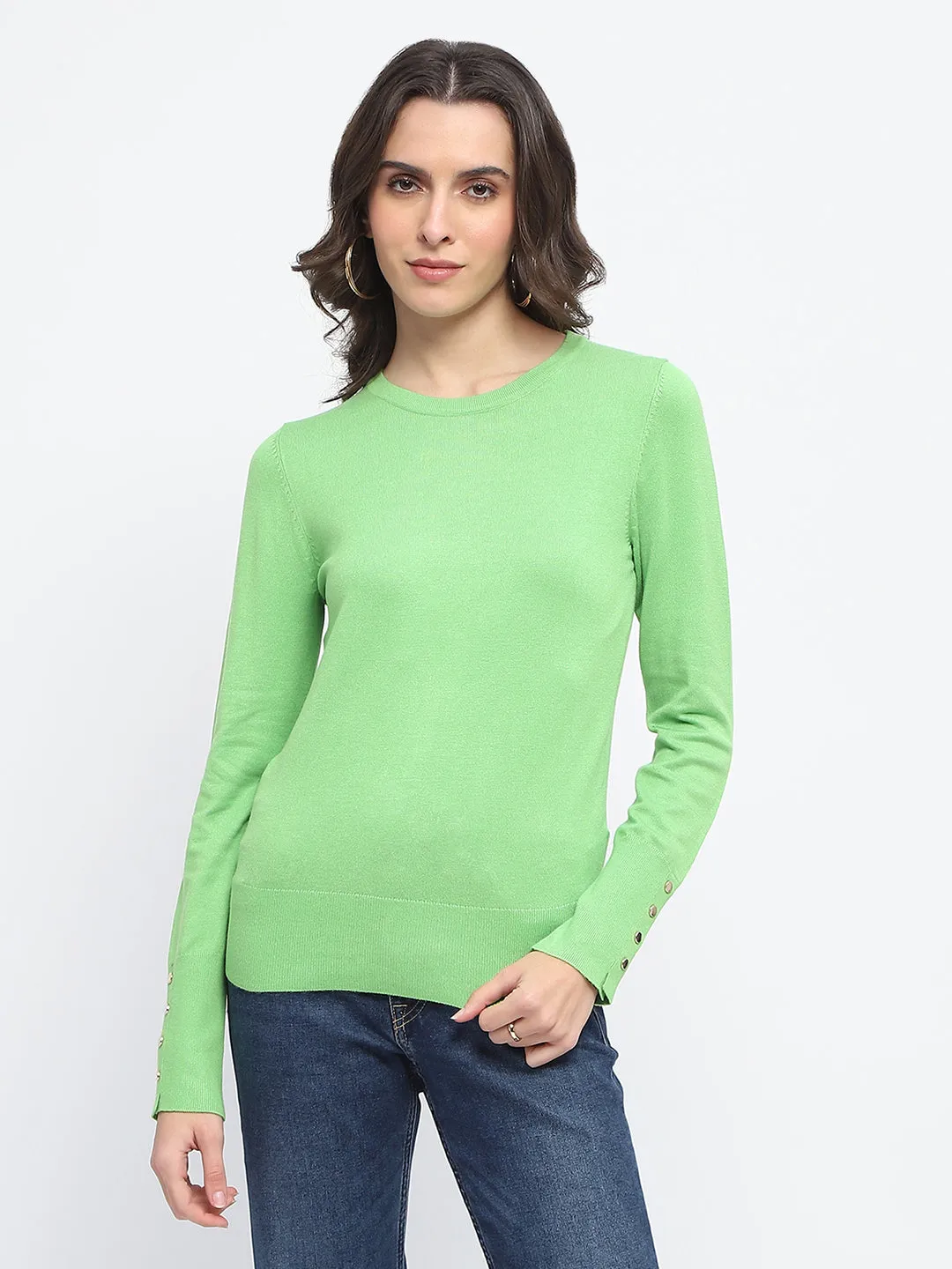 Madame Buttoned Cuffs Solid Green Sweater