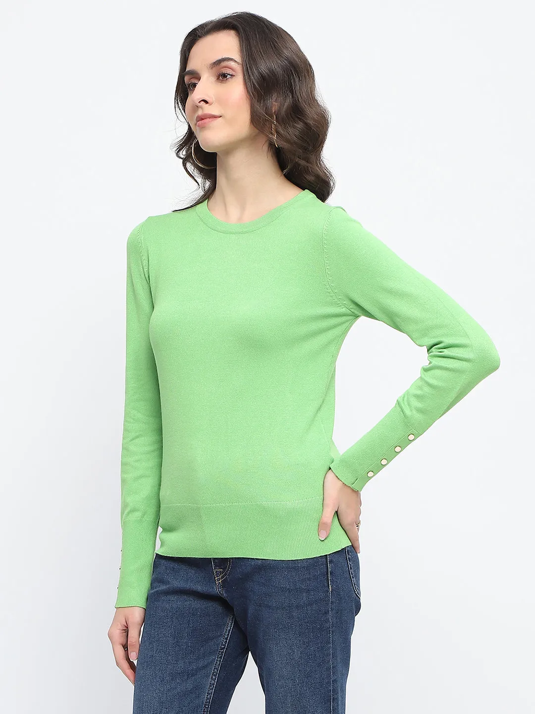Madame Buttoned Cuffs Solid Green Sweater