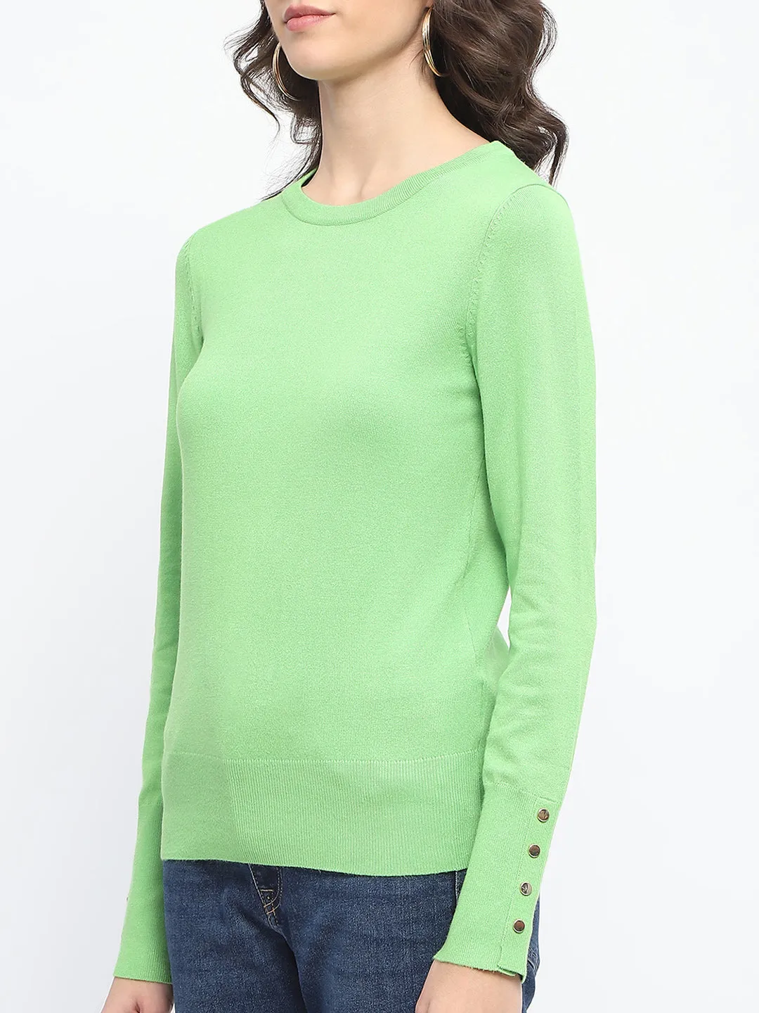 Madame Buttoned Cuffs Solid Green Sweater