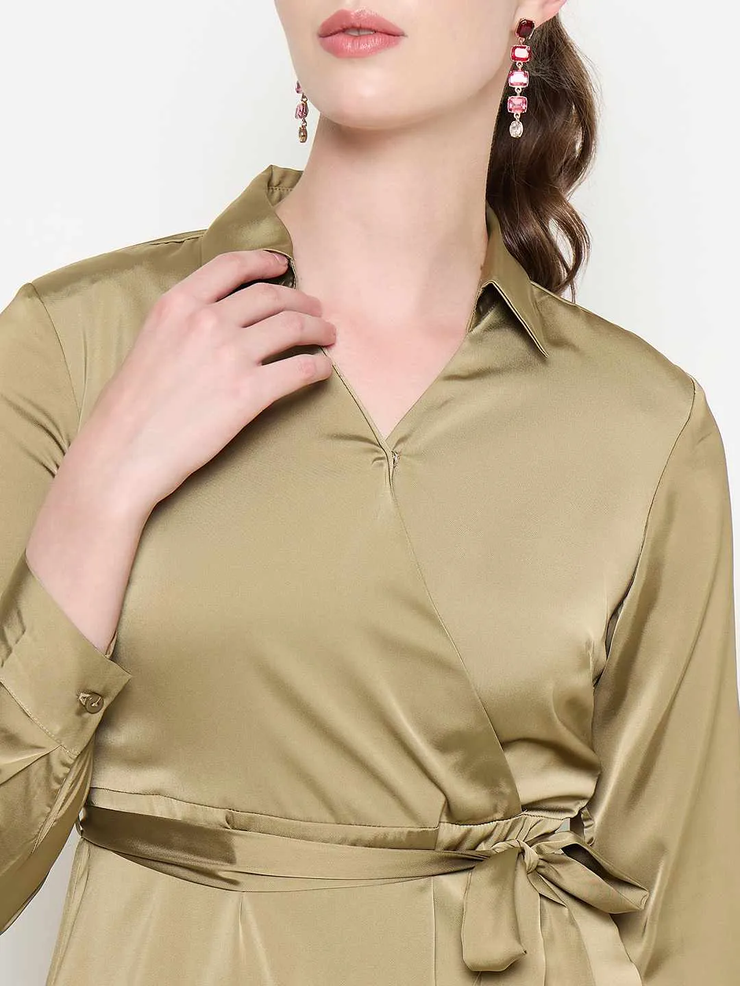 Madame Fabric Belted Cuff Sleeve Solid Green Satin Short Dress