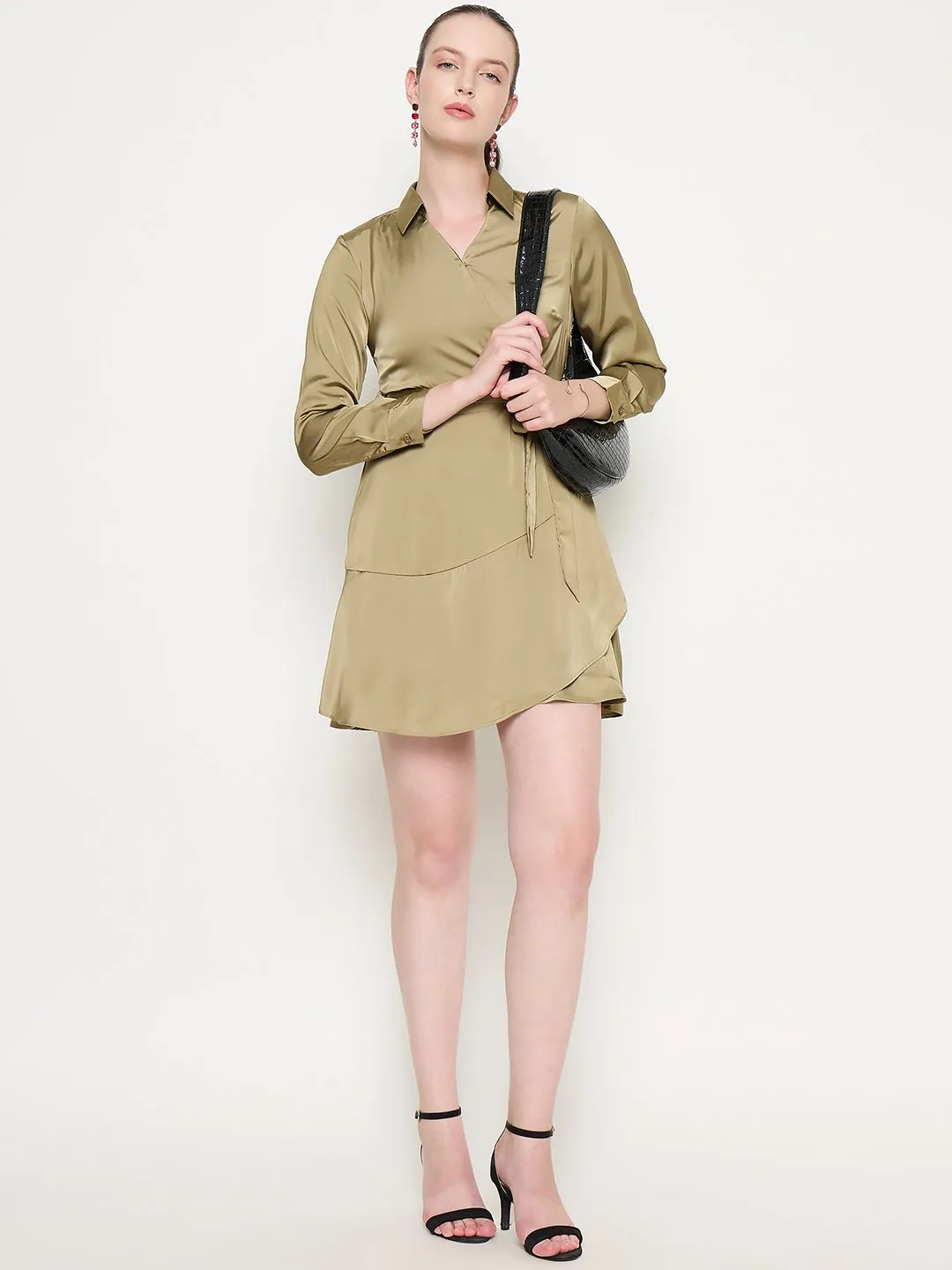 Madame Fabric Belted Cuff Sleeve Solid Green Satin Short Dress